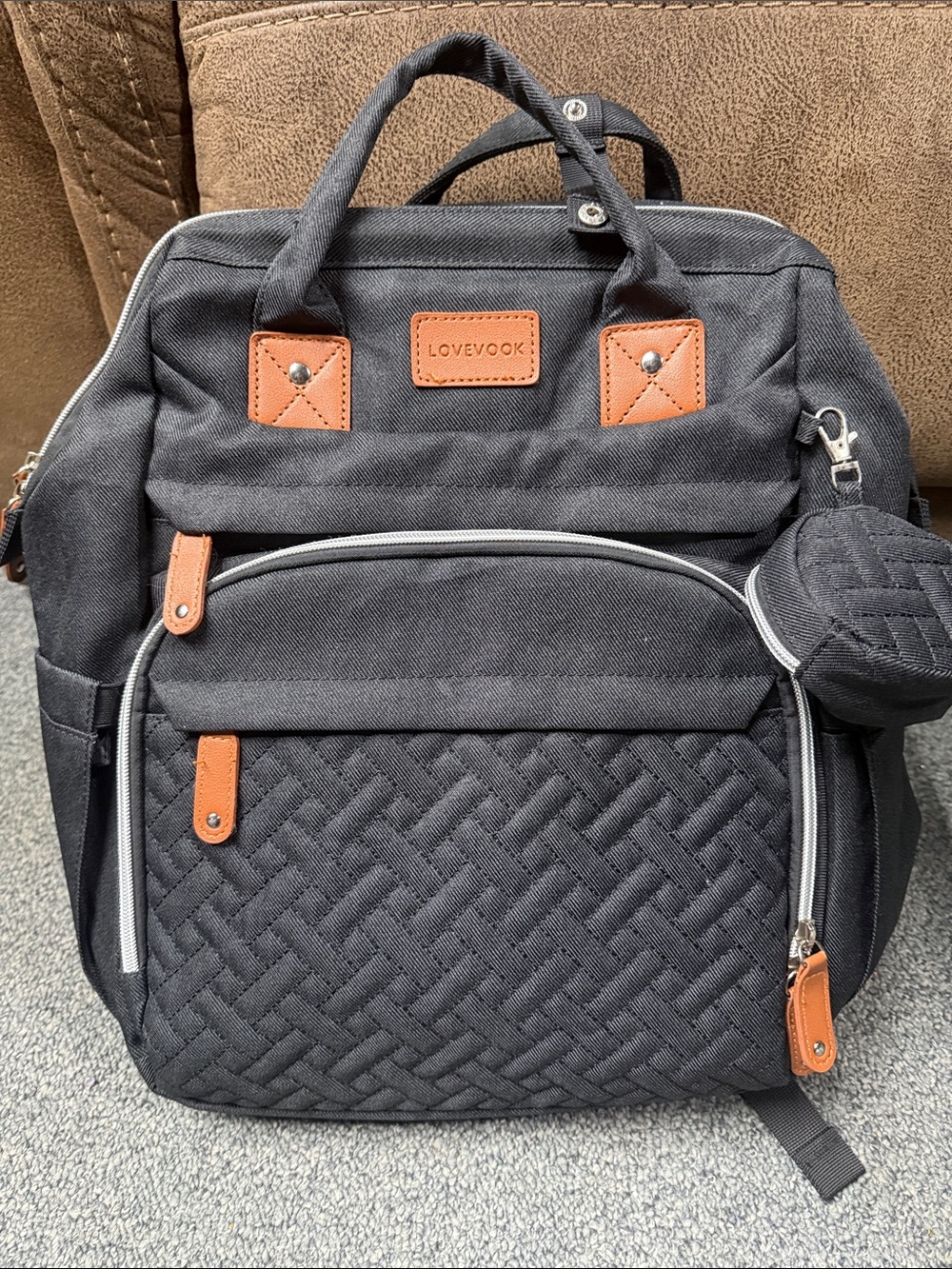 Quilted Backpack with Tan Accents diaper bag